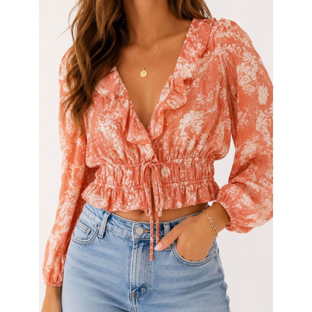 Endless Blu Coral Floral Ruffle Crop Top Boho Cottagecore Size Small NWT